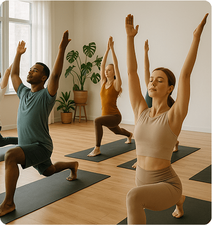 Group practicing warrior pose during a yoga class