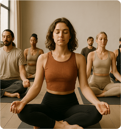 Woman meditating in lotus pose at the center of a yoga group