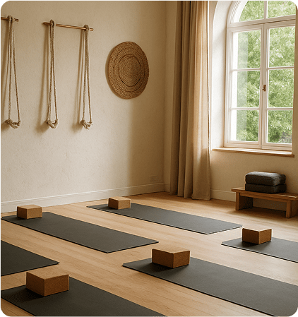 Empty yoga studio with mats and warm natural lights