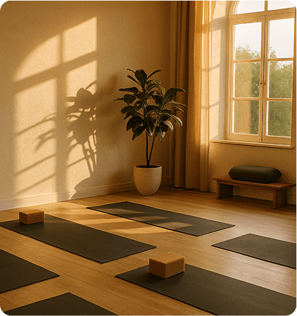 Peaceful yoga studio setup with blocks and mats